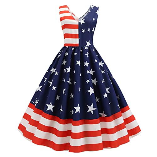 IWEMEK 50s Sleeveless Double V Neck July 4th Dress for Women Memorial Day Independence Patriotic Clothes of American Flag Star and Stripe Fourth Navy Blue-Patchwork XXL by IWEMEK - Used condition - US$17.97