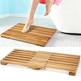 Drtenvd Teak Shower Mat - Adjustable Length Wooden Bathroom Mat, Wood Shower Mat for Inside Shower with Non-Slip Rubber for Spa, Sauna, Pool (26" Γ12")