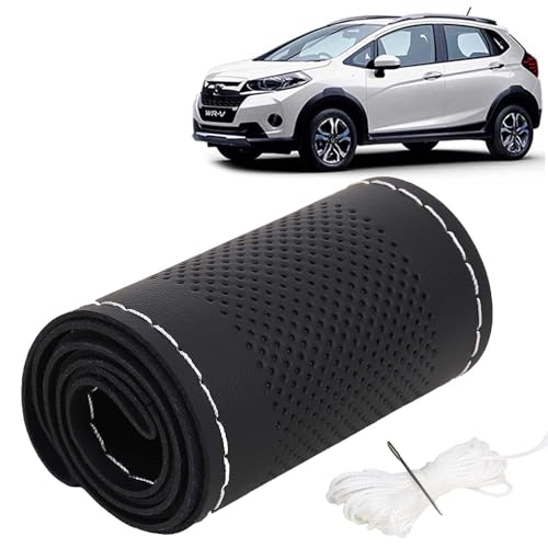 Image of KINGSWAY PU Leatherite Car Steering Cover Sewable Compatible with Honda WRV (Year 2017-2019), Black Color with Silver Thread, Pack of 1 with Sewing Needle and Thread