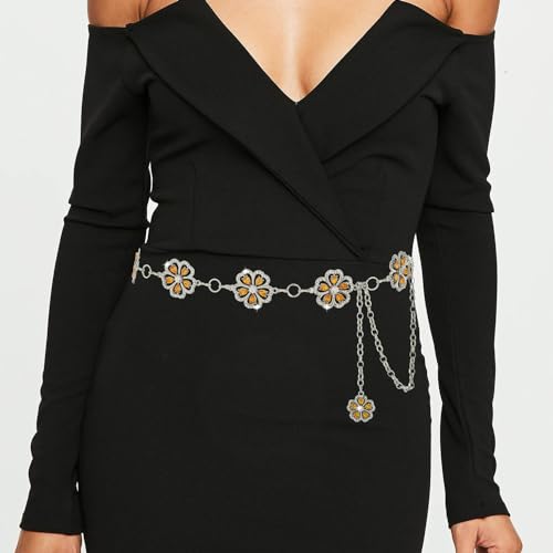 ELABEST Rhinestone Flower Chain Belt for Women Mental Waist Chain Sparkling Gold Silver Chain Belts for Dresses2