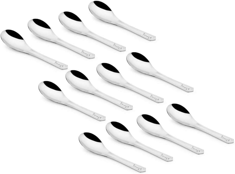 Parage 12 Pieces Stainless Steel Small Spoons for Container/Spice Jars | Masala Spoons | Small Spoon for Spices | Spoon Set | 12 mini | Length 9 cm | Silver