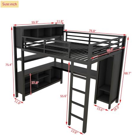 Bellamave Metal Loft Bed with Wardrobe and L-Shaped Desk, Full Size Loft Bed with Storage Cubes and Shelves, Heavy Duty LoftBed for Kids Teens Adults, Black