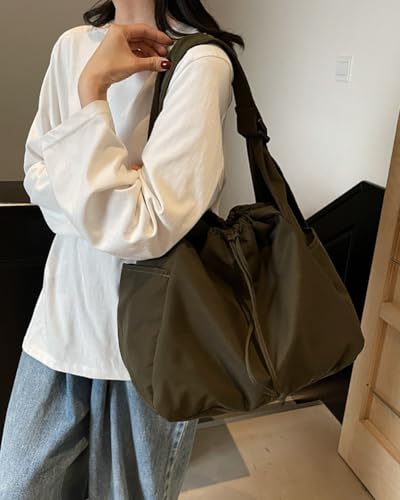 Casual Nylon Shoulder Tote Bag for Women Large Lightweight Canvas Travel Crossbody Purse Handbags with Drawstring4