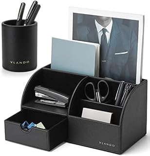 Vlando Multifunctional Desk Organiser Set, Pu Leather Stationery Holder Storage with Slide Drawer for Office, School and Home Use (Black)