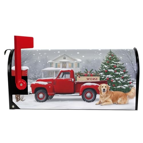 Image of Christmas Tree Red Truck Magnetic Mailbox Covers Winter Snow Golden Retriever Dog Mailbox Cover Standard Size Full Magnet Garden Yard Porch Mail Boxes Cover Holiday Decorations 21 inch L x 18 inch W