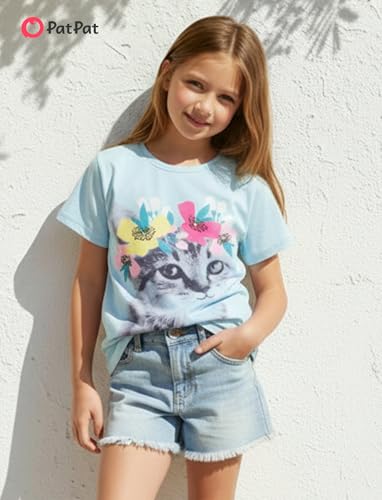 Image of PATPAT Girls Crewneck Short Sleeve Graphic Tees Animal Print Shirts Cute Summer Outfits 5-12 Years