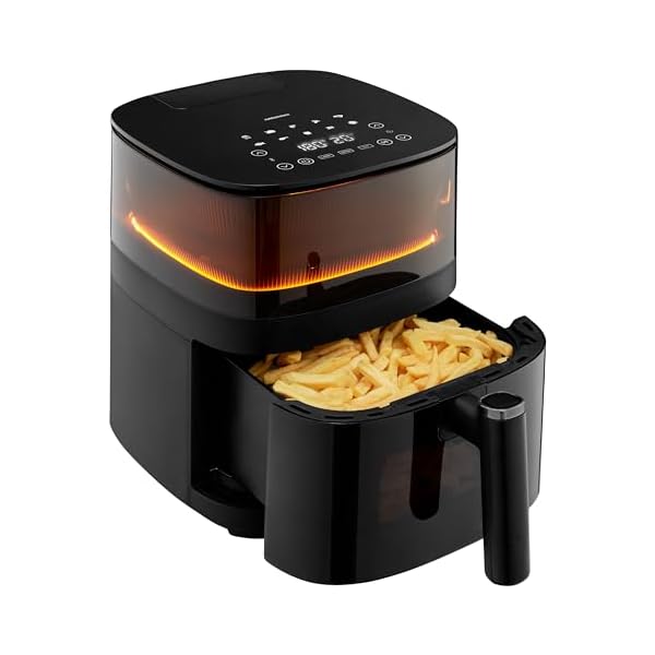 MEDION X10 XL hetelucht friteuse (5 liter XXL frituurmand, stoom voor knapperig voedsel, 1.500 watt, kijkvenster, schudalarm, digitaal bedieningspaneel, 10 automatische programma’s, tot 230 °C)