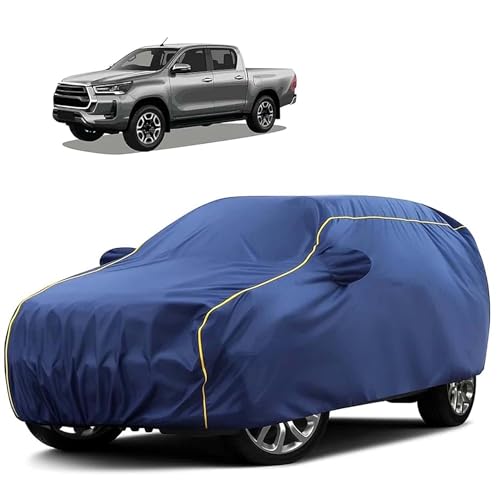 Image of Sulfar 100% Water Resistant Car Body Cover Compatible with Mirror for Toyota Hilux (Triple Stitched, Full Bottom Elastic, Blue Tafetta with Yellow Piping)