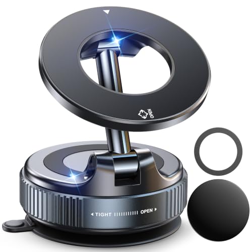 Image of Jononser Magnetic Car Phone Holder for MagSafe, Vacuum Suction Phone Mount with Dashboard Pad for Dashboard & Windshield, Pocket-Size Foldable 360 Adjustable Car Mount for iPhone 17-12 Series