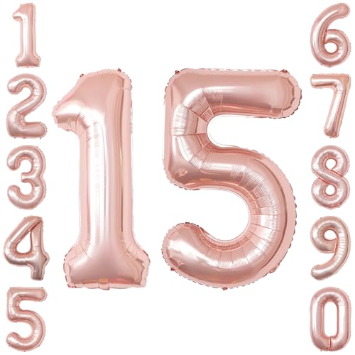 Rose Gold Number 15 Balloon 40 Inch,Radiant Foil Duo for Sweet 15 Milestone