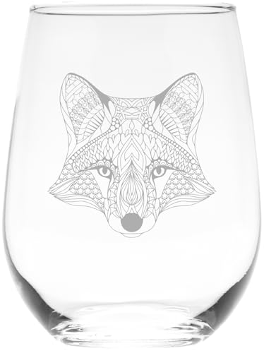 C M Fox Stemless Wine Glass, 17 oz - 1 Piece - Fox Themed Gift for Men and Women (Style F1)