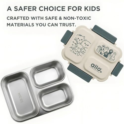 Image of Allo Bento Stainless Steel Lunch Box for Kids- BIS Approved, 304 Stainless Steel 3 Compartment Leakproof Tiffin Box for Boys and Girls for School, Travelling, Baby Snacks, 740ml Green Cats