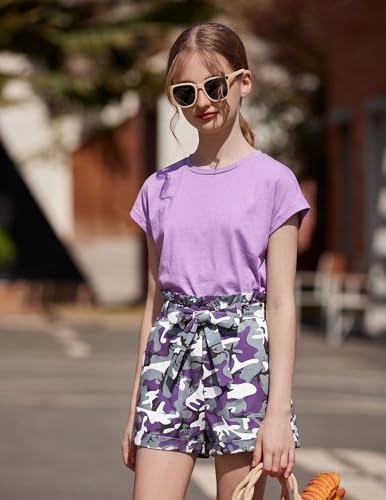 Image of Arshiner Girls 2 Piece Outfit Summer Drop Shoulder Batwing Sleeve Tops and Paperbag Waist Shorts Set Cute Clothing Size 6-14