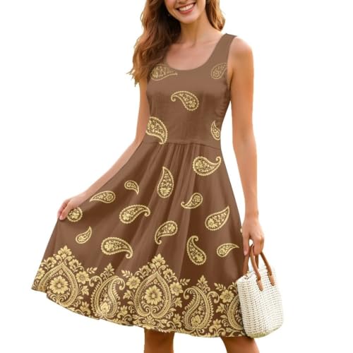 Image of Women Stylish Tank Dresses Sleeveless Round Neck Midi Casual Dress with Pocket for Summer