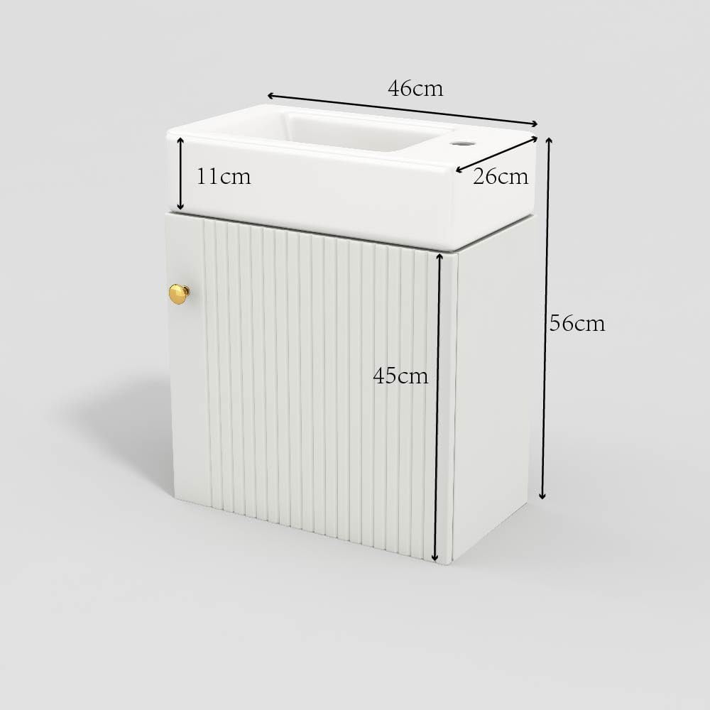 Meuble Salle de Bain avec Vasque Moderne, Vasque en Céramique avec Meuble Sous-vasque 46 cm, Meuble Vasque Suspendu, Petit Meuble Salle de Bain pour Invités, Meuble Vasque WC, Gris/Blanc/Naturel
