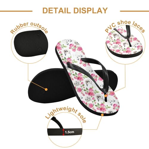 ALAZA Cats Roses Flowers Kitty Flip Flops for Women Fashion Beach Slippers Comfort Mens Flip Flops Non-Slip Rubber Shower Slippers Sandal for Hotel Travel Sport,XS3