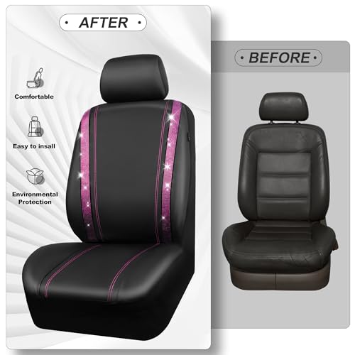 Image of CAR PASS Leather Bling Diamond Car Seat Covers 2 Front Interior Sets, Waterproof Universal Shining Glitter Crystal Sparkle Fit for Automotive Truck SUV Cute Women Girl, Black Pink Rhinestones