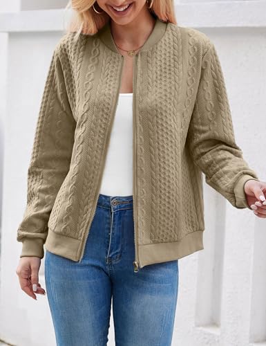 Image of WROLEM Women's Zip Up Cardigan Sweater Cable Hoodies Long Sleeve Jacket Outfits Crewneck Casual Coat
