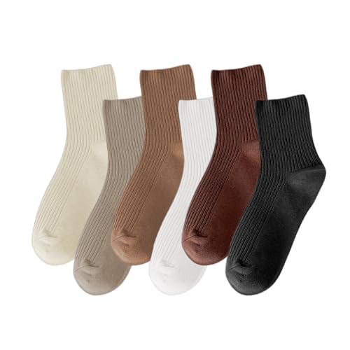 PFLYPF 6 Pares de Calcetines en Medio de la Pantorrilla Con Patrón Vertical, de Punto y Algodón Puro Para Mujer (Caqui, Té Con Leche, Caramelo, Blanco)