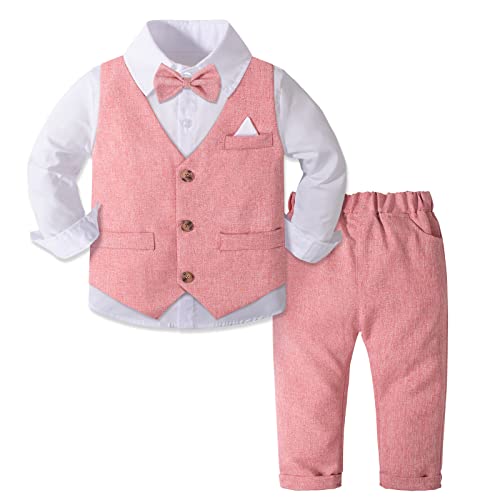 Boys Suit Set Kids Blazer & Pants Outfit, Kids Formal Suits Long Sleeve Shirts + Vest + Pants + Bow Tie 4Pcs Child Tuxedos Outfits Pink #TOP1