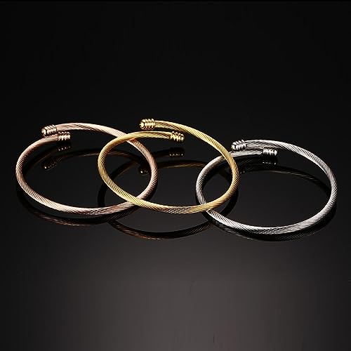 HUANIAN Stainless Steel Triple 3 Stackable Cable Wire Twisted Cuff Bangle Bracelet for Women, Gold/rose/silver3