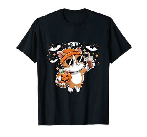 Cat Pumpkin Halloween Retro Spooky Season Drinking Coffee Camiseta
