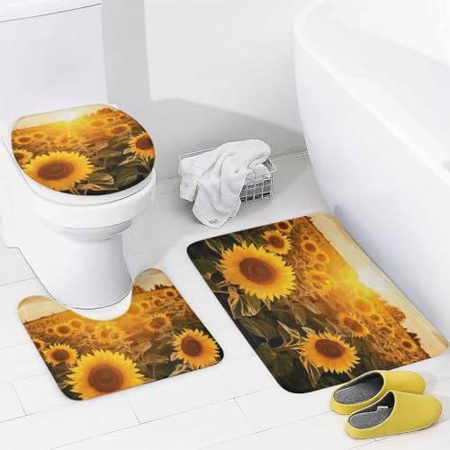 Rideau de douche tournesol avec tapis de bain antidérapant et 12 crochets