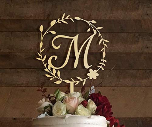 KISKISTONITE M Cake Topper, Rustic Wedding Cake Topper, Initial Cake Topper, Monogram Cake Topper M, Floral Design Cake Decorating