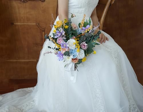 Ramo de boda Cosmos blanco y amarillo 12 pulg miniatura 3