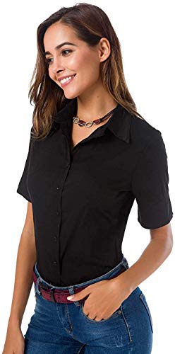 Atnlewhi Womens Basic Button Down Shirts Short Sleeve Cotton Simple Stretch Formal Casual Blouse Black