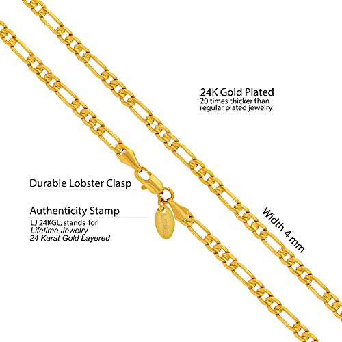 LIFETIME JEWELRY 4mm Figaro Chain Necklace 24k Gold Plated for Men Women & Teens4