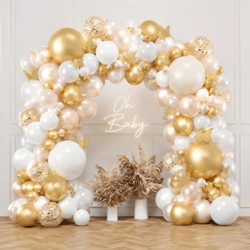 Kit Arco Globos Oro Blanco Con Pegatinas Mariposas, 104pcs Guirnalda Globos Blanca Y Dorada Con Globos Confetti Para Cumpleaños Fiesta, Baby Shower, Boda, Bautizo Bebe, Compromiso, Aniversario