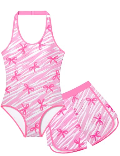 Image of Girls Swimsuit One Piece Swimsuits Color Block Bathing Suit for Girls Adjustable Strap Padded Swimwear with Shorts
