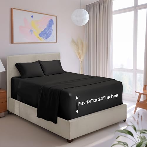 Hearth & Harbor Extra Deep Pocket Queen Size Sheet Set - 4 Piece Ultra Soft & Breathable Bed Sheets Set - Fits Up to 24" Mattress - Hotel Luxury Bed Sheet Set, Black