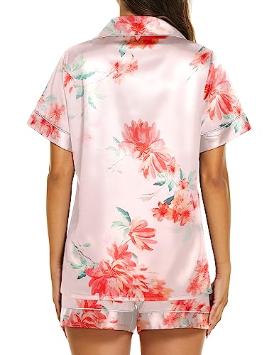 Image of Ekouaer Silk Pajamas for Women Short Sleeve Sleepwear Soft Button Down Loungewear 2 Piece Satin Pjs Shorts Set,Floral Light Pink,M