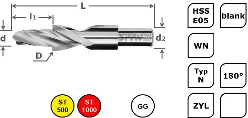 Produktbild von SPPW Kurzstufenbohrer HSS-E05+X5Cut 180° – 4,5x8,0 Mm Für M4, L:50x11, Für Schraubendurchgangslöcher & Senkungen