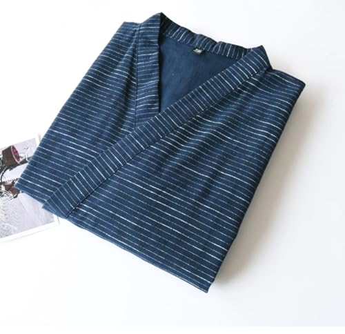 Woven Cotton Traditional Hanfu Midi-length Nightdress Tie-belt Bathrobe Loose Breathable Pajamas Comfortable Nightgown Sweat Steaming Yukata Sauna Suit Sleepwear Kimono for Men X-Large(Navy)2