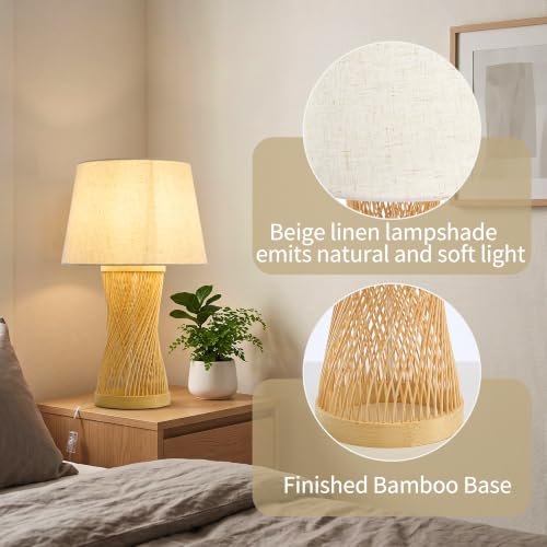 Image of Boho Table Lamp, 17 inch Bamboo Bedside Lamp for Living Room | Farmhouse Nightstand Lamp for Bedrooms, End Tables, Home Decor, Handwoven rattan Base, Linen Shade, E26 Socket