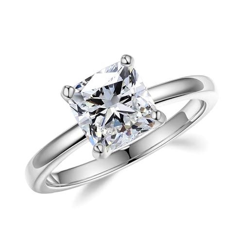 MOOSEA 2ct Moissanite Engagement Rings for Women, Cushion D Color VVS1 Clarity Lab Created Moissanite Rings 14K White Gold Vermeil 4 Prong Solitaire Moissanite Ring for Women Promise Rings Jewelry