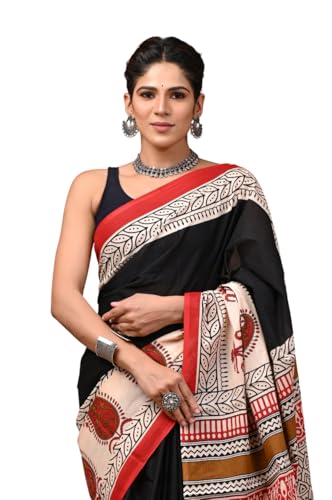 Image of Crafts Moda Pure Cotton Floral Print Saree with Blouse for Women