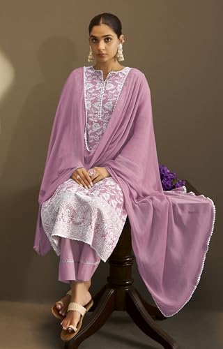 Image of DRESOUL Women Pure Cotton Schiffli Embroidered Kurta Set and Dupatta
