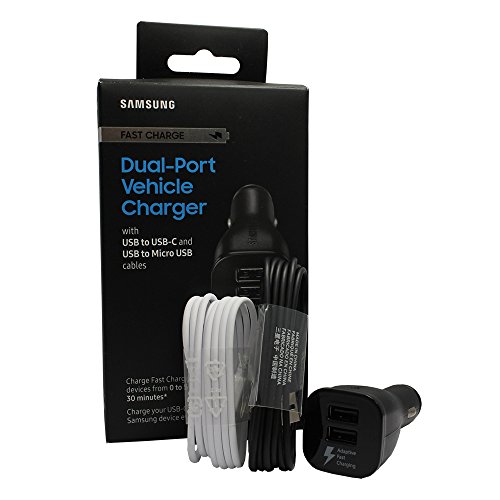 Samsung Fast Charging Dual-Port Vehicle Charger, Detachable USB to USB-C and USB to Micro USB Cables, Black