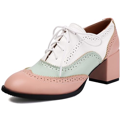 Mixed Colors Vintage Oxfords Lace Up Classic Sewing Brogue for Women Block Low Heel Round Toe Mary Jane