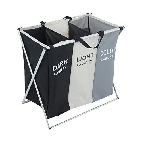 YORKING Large Laundry Basket 3 Sections Aluminium Folding Laundry Cloth Basket Washing Hamper Bin Storage Bag Light Dark for Bedroom Black and white gray
