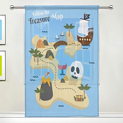 ISAOA Tulle voilages, Pirate Carte au trésor avec tête de Mort et de fenêtres de Bateau Rideau pour Salon/Chambre à Coucher de fenêtre Maison Mode et de décoration, Seul Panneau, 132,1 x 213,4 cm