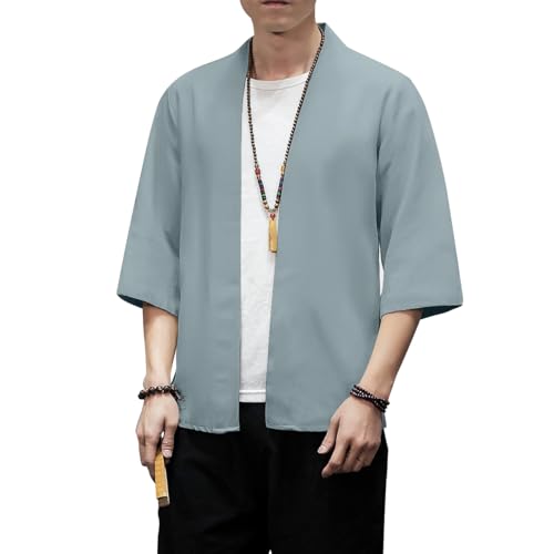 Image of PRIJOUHE Men's Kimono Jackets Cardigan Lightweight Casual Cotton Blends Linen Seven Sleeves Open Front Coat Outwear