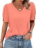 Summer Tops for Women V Neck Beach Vacation Clothes Cruise Outfits Spring Fashion Clothing Plus Size Short Sleeve Shirts Blouses Dressy Casual Coral L