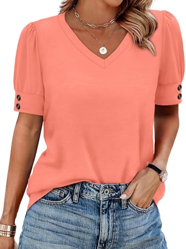 Image of OFEEFAN Womens Tops Short Sleeve Shirts Buttons V Neck Spring Fashion Summer Outfits Plus Size Blouses Dressy Casual