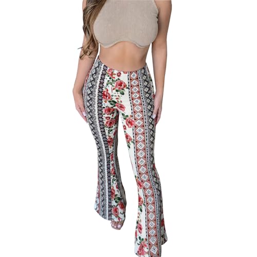 DLAYBGFA Flare Leggings Yoga Pants Women High Waisted Boho Flare Palazzo Pants Stretch Wide Leg Bell Bottom Yoga Leggings(Flower,S)