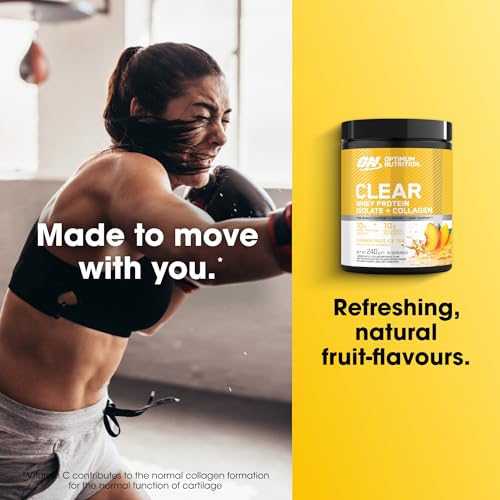 Optimum Nutrition Clear Whey + Colágeno, Té Helado Frutas de Verano, 10 g Aislado de Suero y 10 g Péptidos de Colágeno, Bebida Clara de Proteína para Articulaciones, 240 g, 10 Porciones